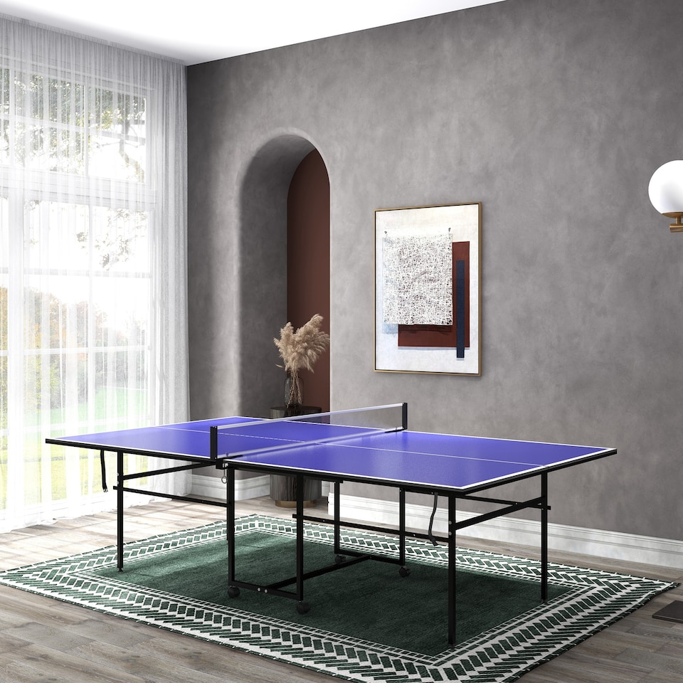 image 1 of SPORTNOW 9FT Holding Tennis Table w/ Four Wheels, for Indoors, Blue