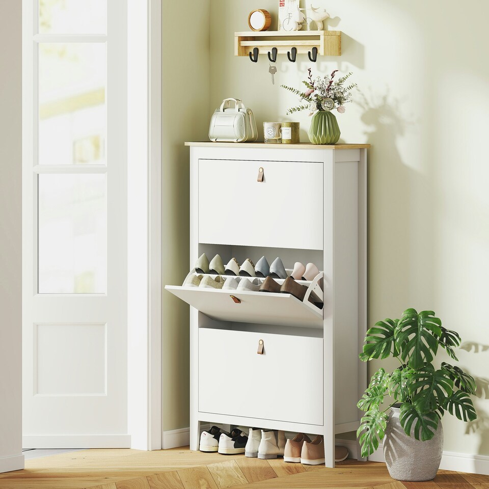 image 1 of HOMCOM 3 Drawer Shoe Cabinet with Flip Doors for Hallway, Entryway White | 80W x 24D x 131H cm