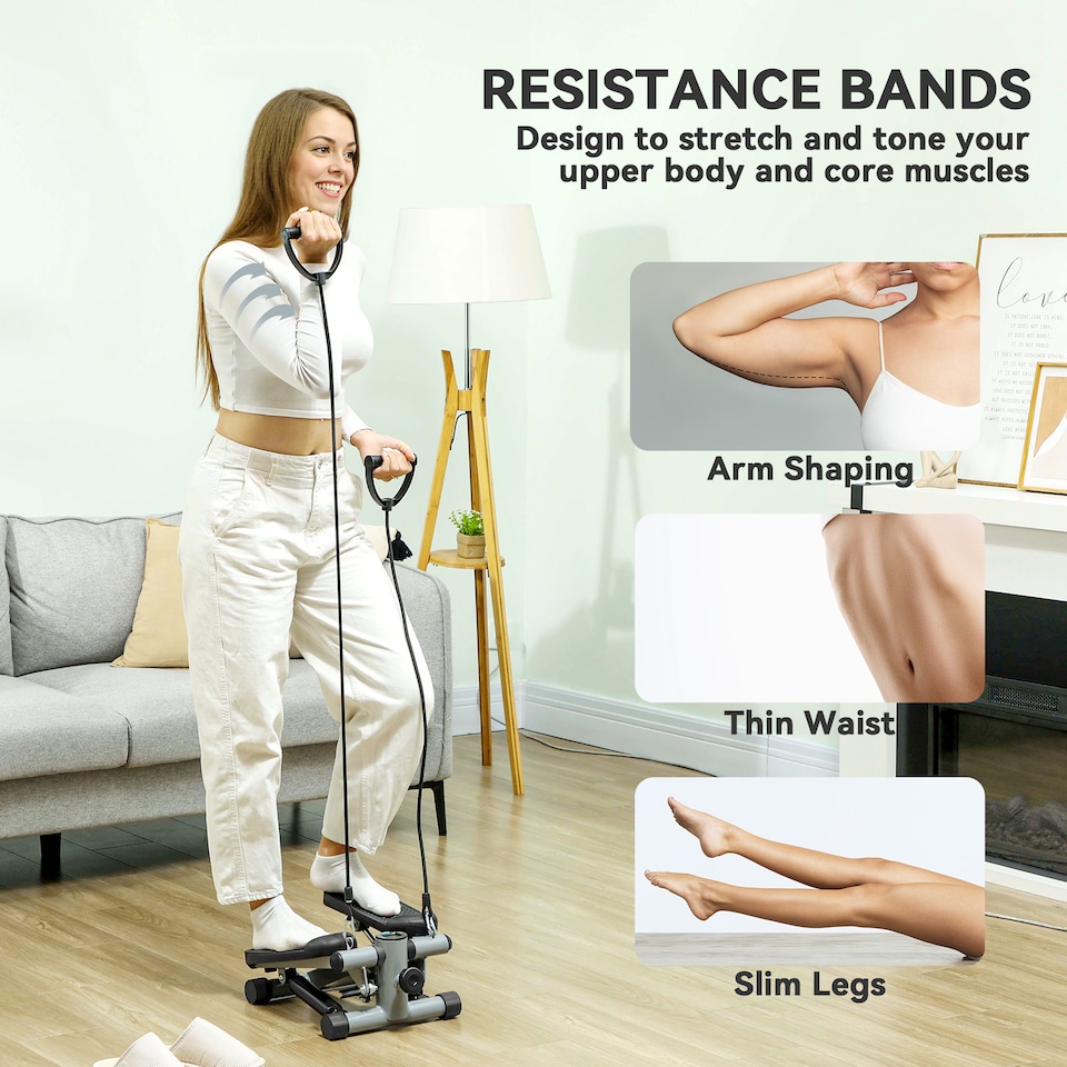 image 1 of SPORTNOW Mini Stepper, Compact Step Machine Exerciser for Home Workouts, with Resistance Bands, LCD Monitor, Non-Slip Pedals, Grey