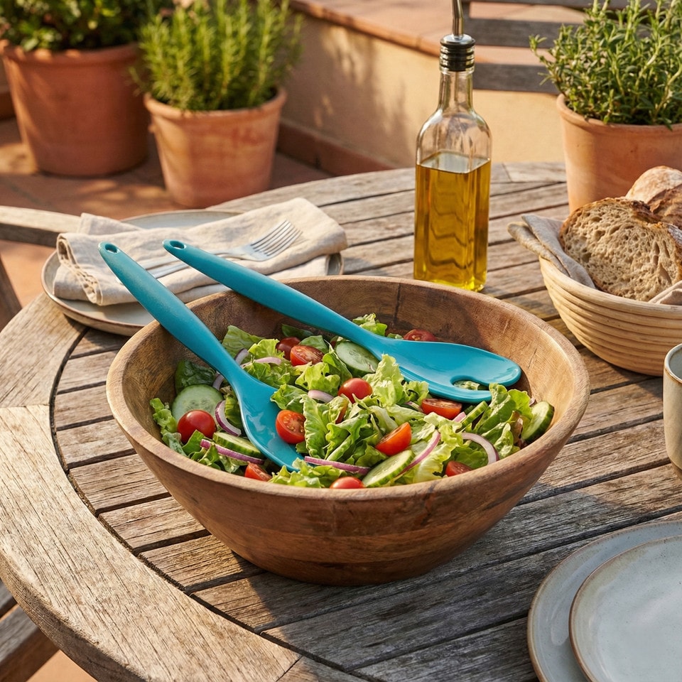 image 1 of 2 Pcs Salad Food Servers Set Mixing Dinner Party Colourful Plastic Fork & Spoon | Multi | Teal | 2