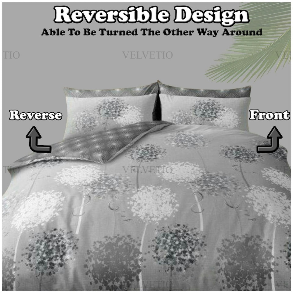 image 1 of VELVETIO Botanical Dandi Complete Duvet Cover Set with Fitted Sheet Soft Polycotton Bedding Sets Grey | Double