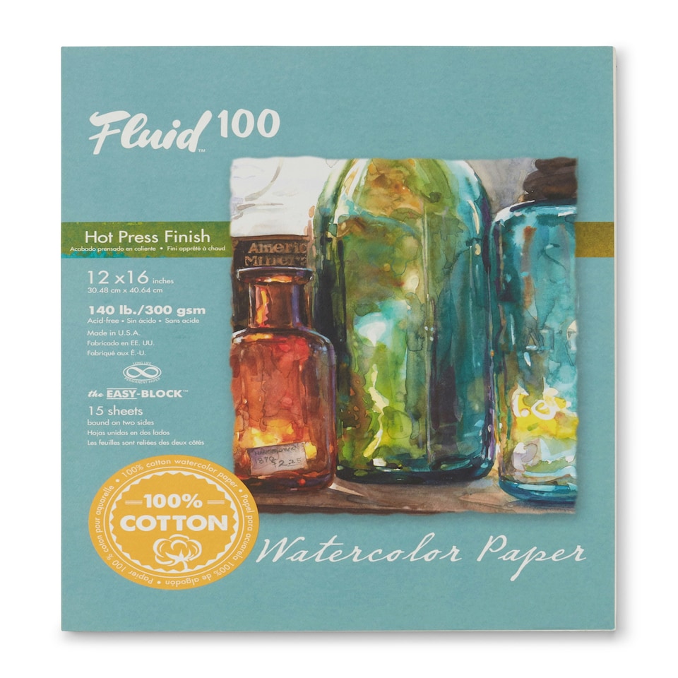 Speedball Fluid 100 Hot Press Watercolour Paper Block, White, 12 x 16inch