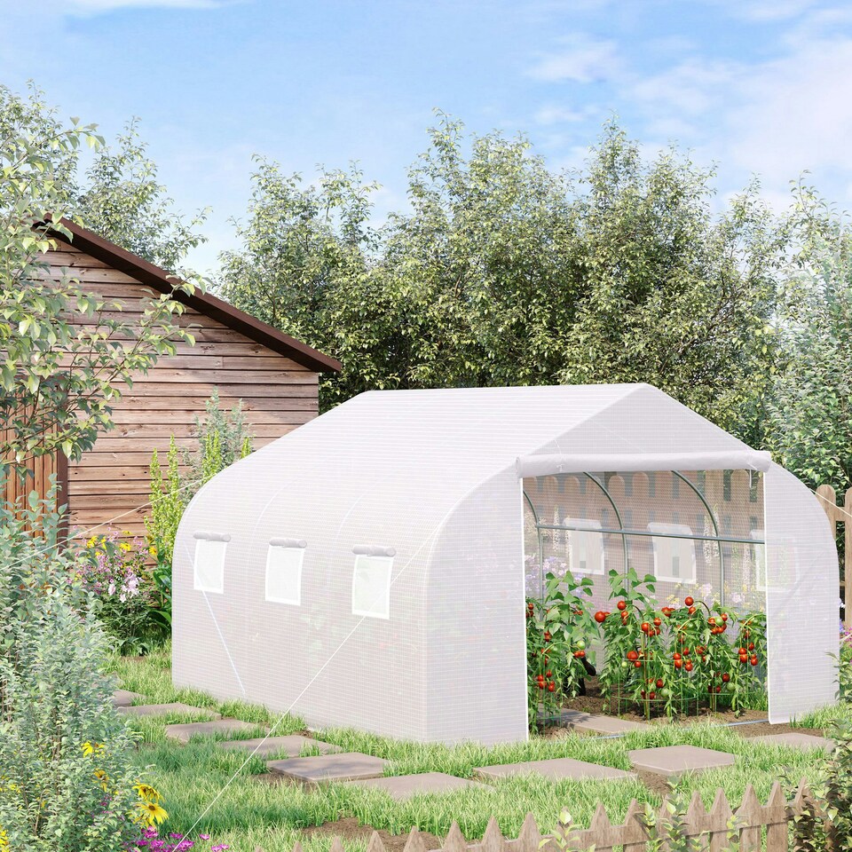image 1 of Outsunny Walk-In Polytunnel Greenhouse w/ Roll Up Door Windows, 4.5x3x2 m White