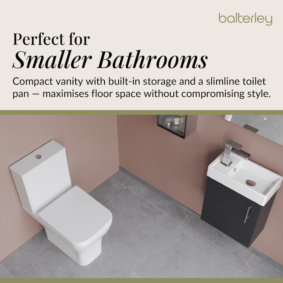 image 1 of Balterley Saint Cloakroom Set - Wall Hung Vanity Basin Unit, Toilet Pan, Cistern, Seat & Mini Basin Tap - Balterley | Grey | Black Woodgrain | 520.0000 x 405.0000 x 222.0000mm