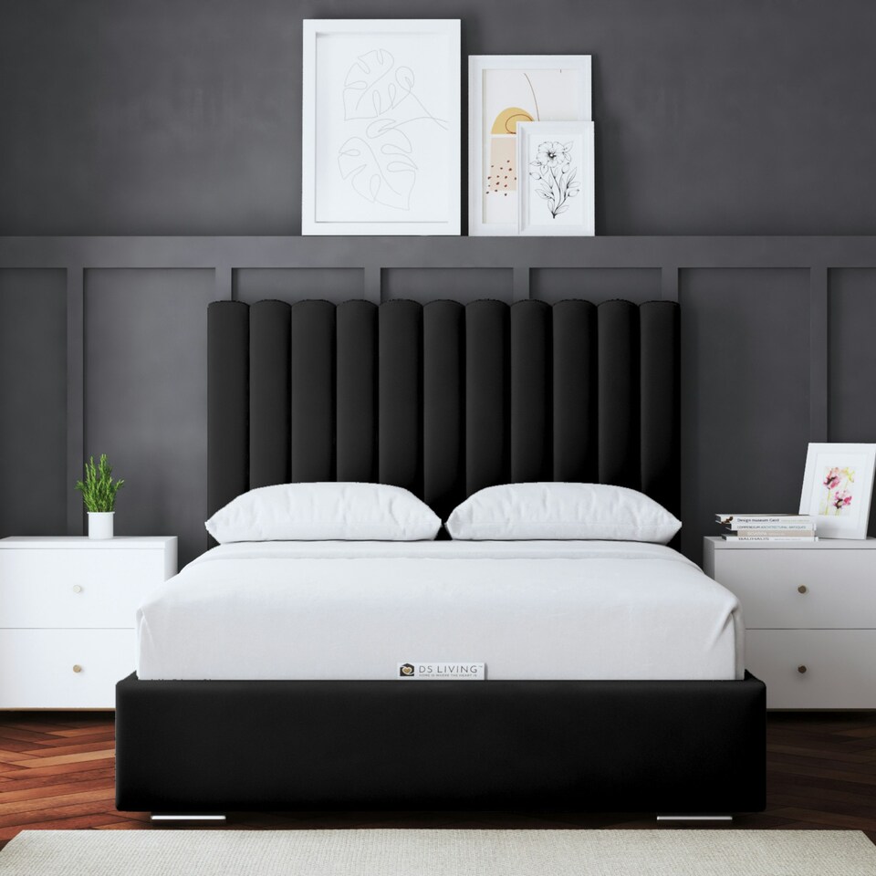 image 1 of Evangeline Divan Bed with Upholstered Headboard - Black - King / 5ft