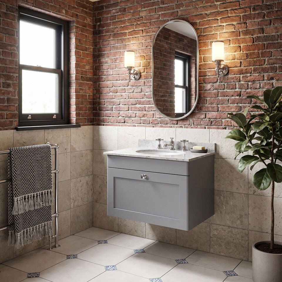 image 1 of Balterley Swynnerton Traditional 1 Drawer Wall Hung Vanity Unit with Marble Basin, Satin Grey, 600mm