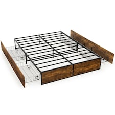 COSTWAY Metal Bed Frame with 4 Drawers Brown