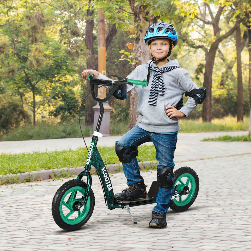 image 1 of AIYAPLAY Kids Scooter, Big Wheel Kick Scooter with Adjustable Height Handlebar, Non-slip Footplate, Rear Brake, Kickstand, for Kids 6-12 Years Old, Green | Green | Green