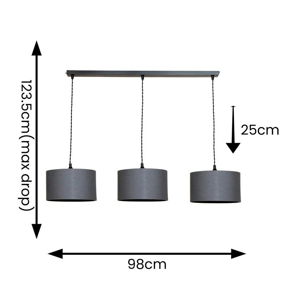 image 1 of ValueLights Reni Charcoal Drum Shade 3 Drop Bar Matte Black Diner Ceiling Light with Bulbs Black