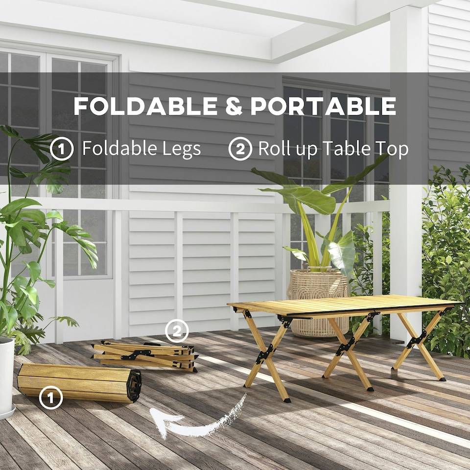 image 1 of Outsunny Folding Camping Table Aluminium Picnic Table with Roll-Up Top Natural
