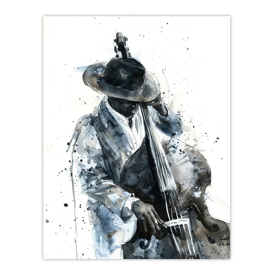 image 1 of Jazz Music Double Bass Player Watercolour Black Framed Wall Art Print A4