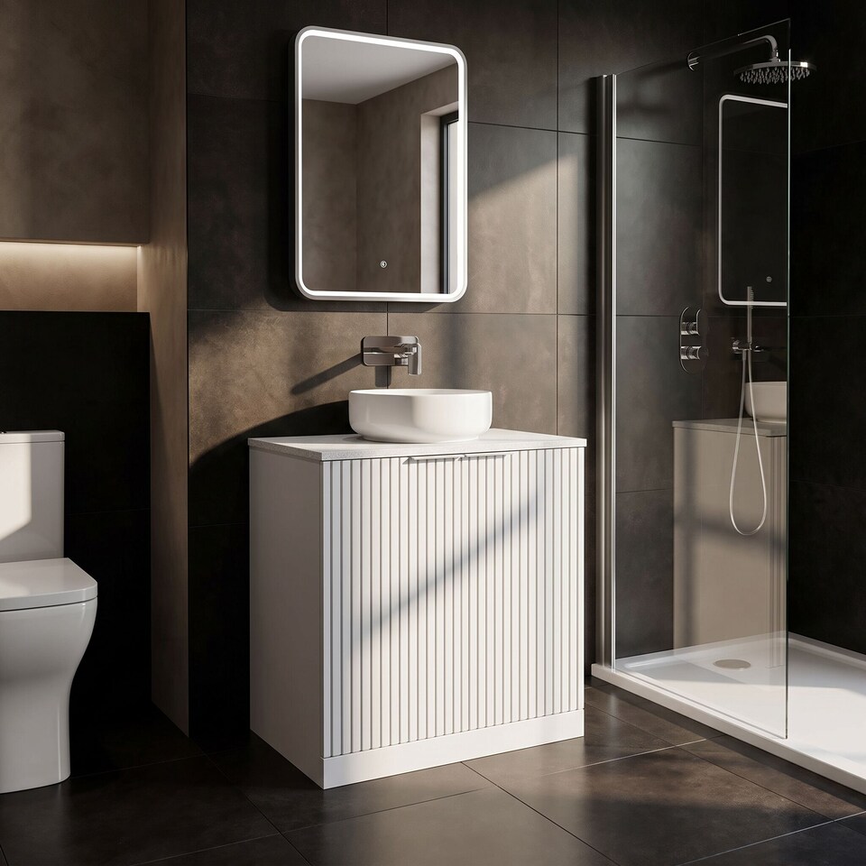 image 1 of Balterley Callingwood Contemporary Floor Standing 2 Door Vanity Unit with White Nebula Laminate Worktop , 800mm, Matt White