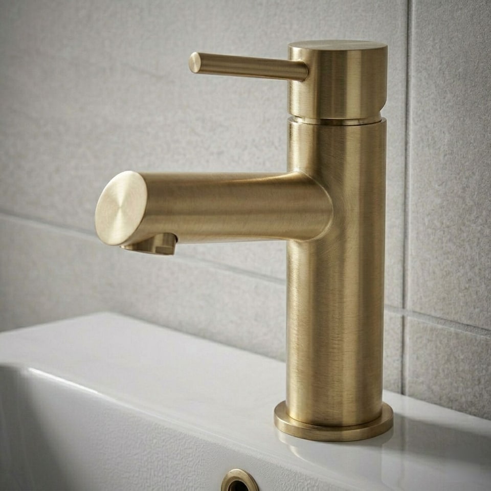 image 1 of Balterley Nova Modern Bathroom Mono Basin Mixer with Coordinating Push Button Waste | Copper | Brushed Brass | 1