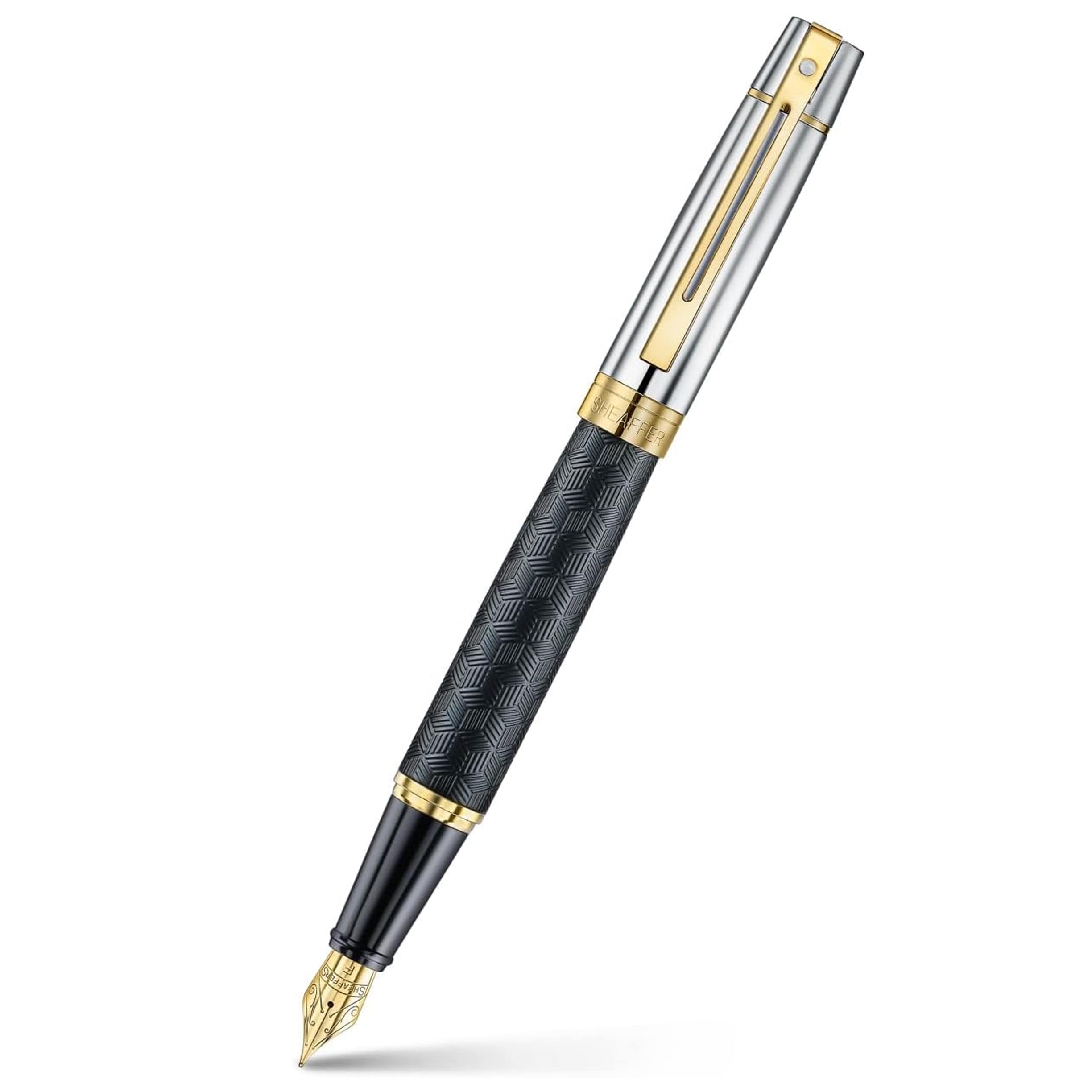 Sheaffer 300 Fountain Pen Engraved Matt Black Barrel, Shiny Chrome Cap and PVD Gold Trims Fine Nib