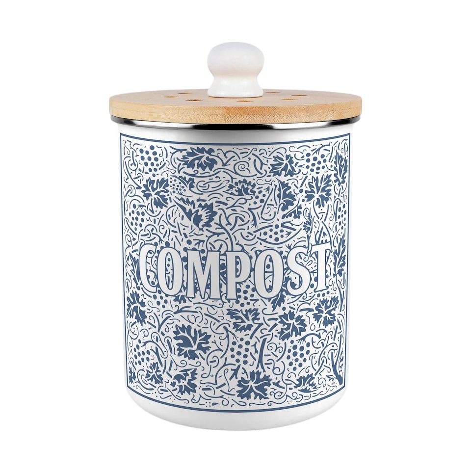 image 1 of Oak Leaves & Berries Compost Caddy - Metal 2L Blue Decorative Kitchen Food Waste Bin