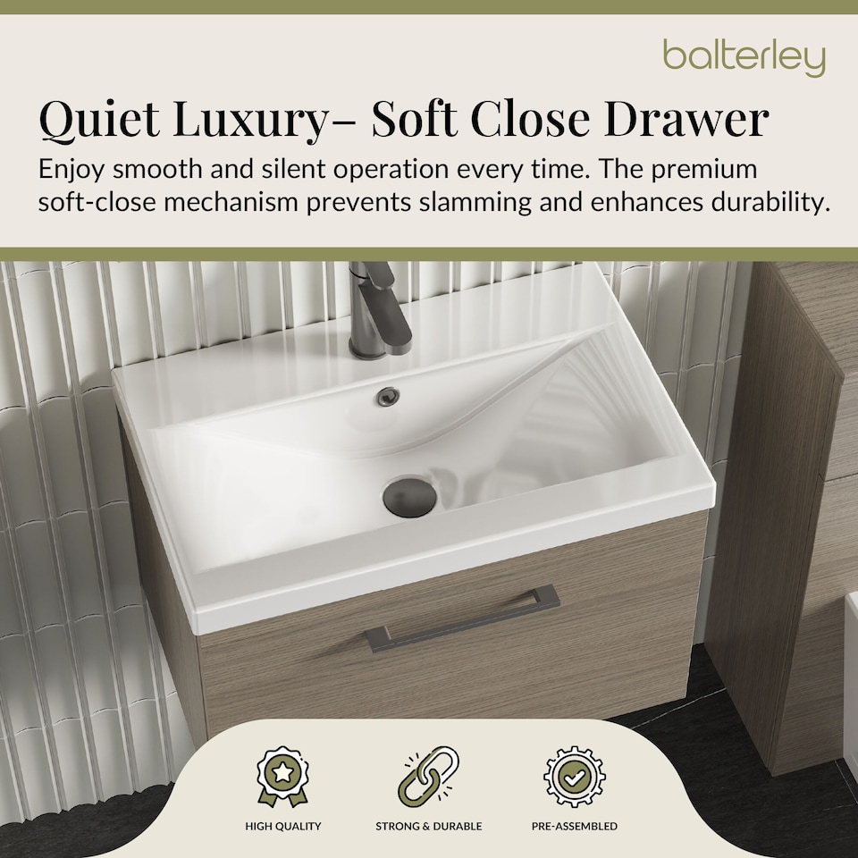 image 1 of Bathroom Wall Hung 1 Soft Close Drawer Vanity Unit, Solace Oak, 610mm | Brown | Solace Oak | 399 x 610 x 390mm