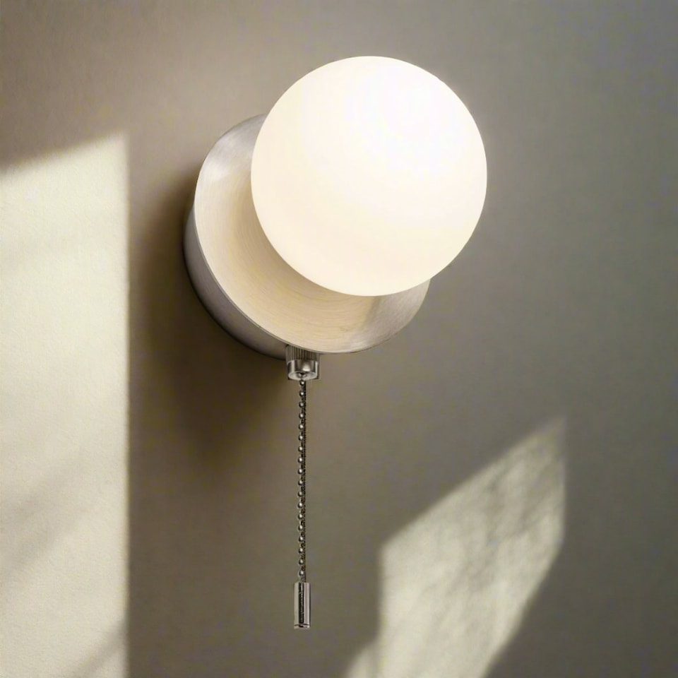image 1 of CGC MACIE Satin Nickel & White Opal Globe LED Rechargeable Magnetic USB Reading Bedside Wall Light Pull Cord Switch Silver