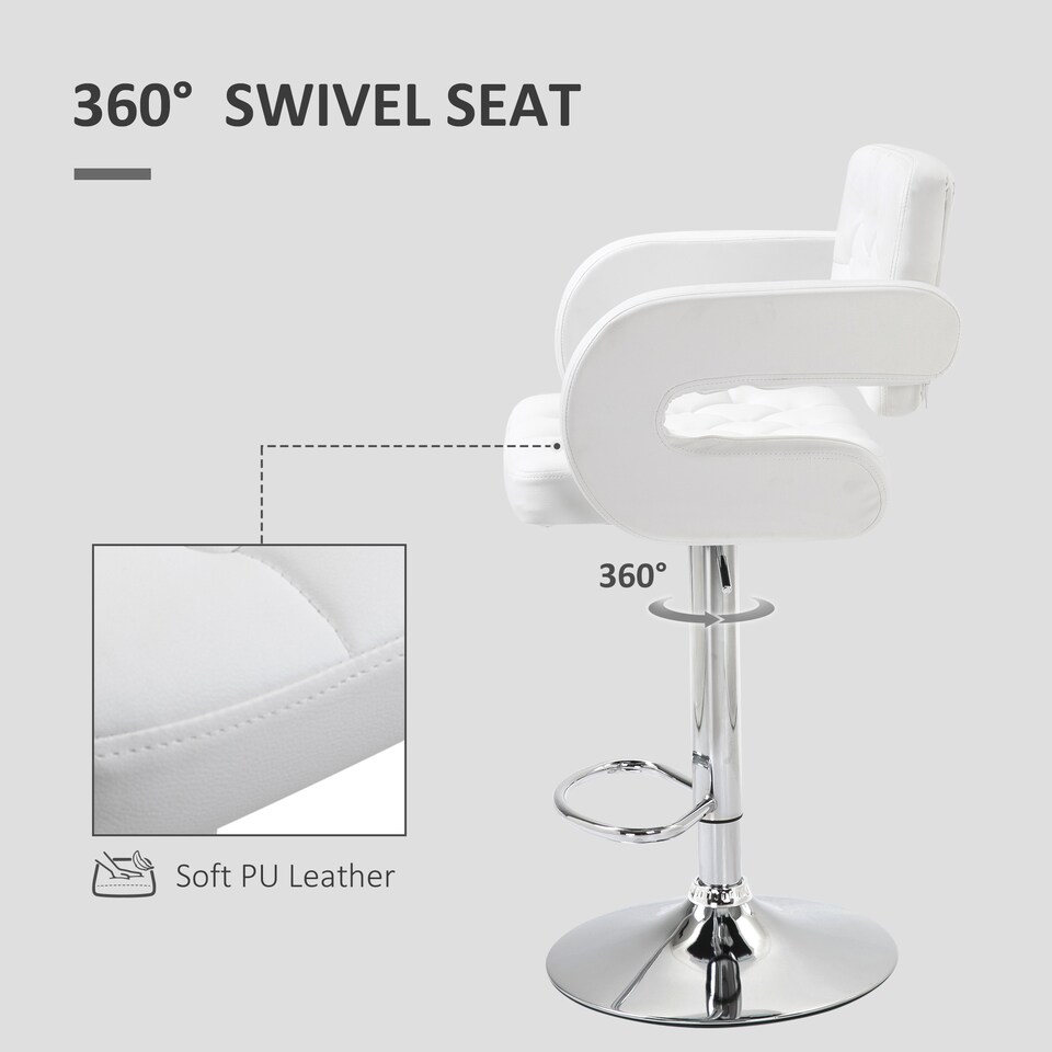 image 1 of HOMCOM Swivel Bar Stool with Extra Large Seat, PU Leather Upholstered Adjustable Barstool with Back, Arm and Footrest, Breakfast Bar Chair for Bistro, Kitchen, White