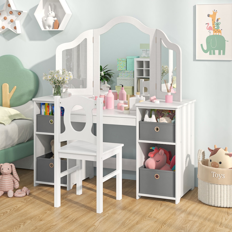 image 1 of COSTWAY Kids Vanity Desk & Chair 2 in 1 Makeup Pretend White