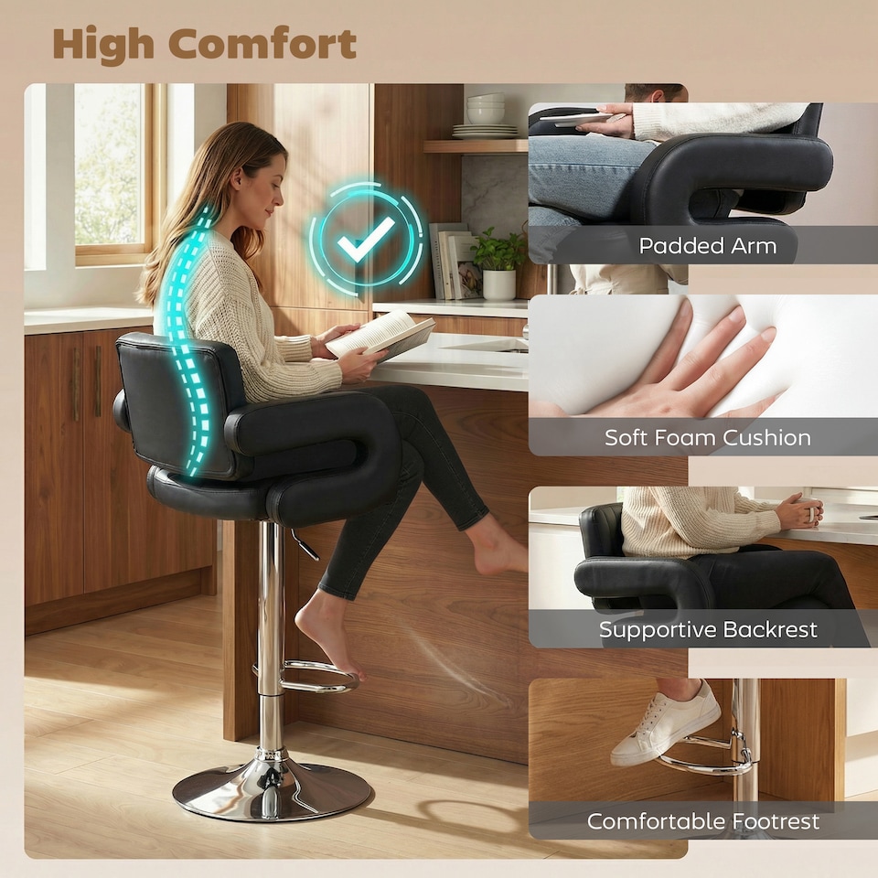 image 1 of HOMCOM Bar Stools Adjustable Swivel with Armrest Set of 2 Black