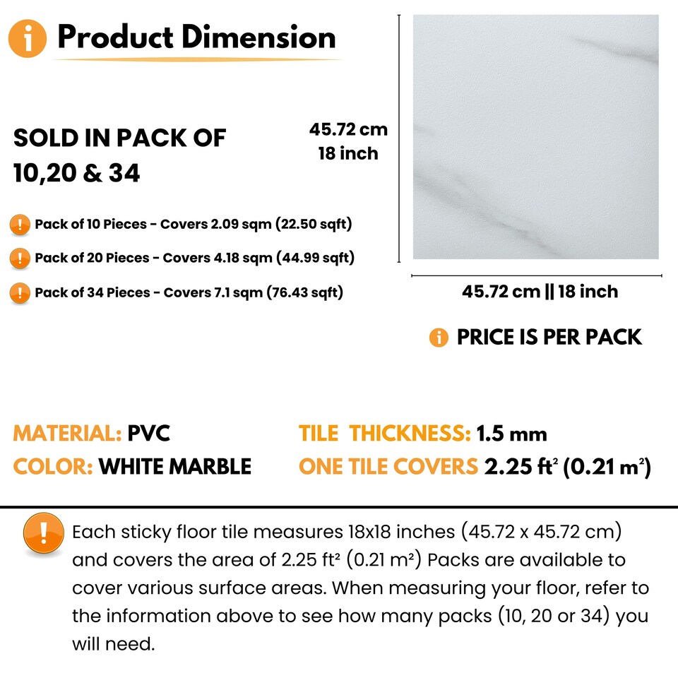 image 1 of NOVECRAFTO Vinyl Floor Tiles Self Adhesive – 18x18in Peel and Stick Waterproof Square Flooring for Kitchen, Bathroom & More – White Marble Design | White | 7.1 sqm