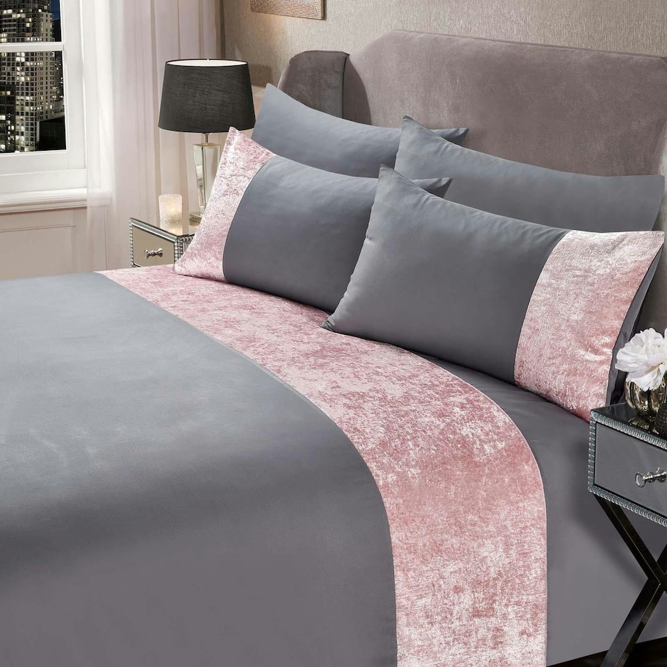 OHS Crushed Velvet Panel Duvet Cover and Pillowcase Bedding Set, Double - Blush Pink/Silver