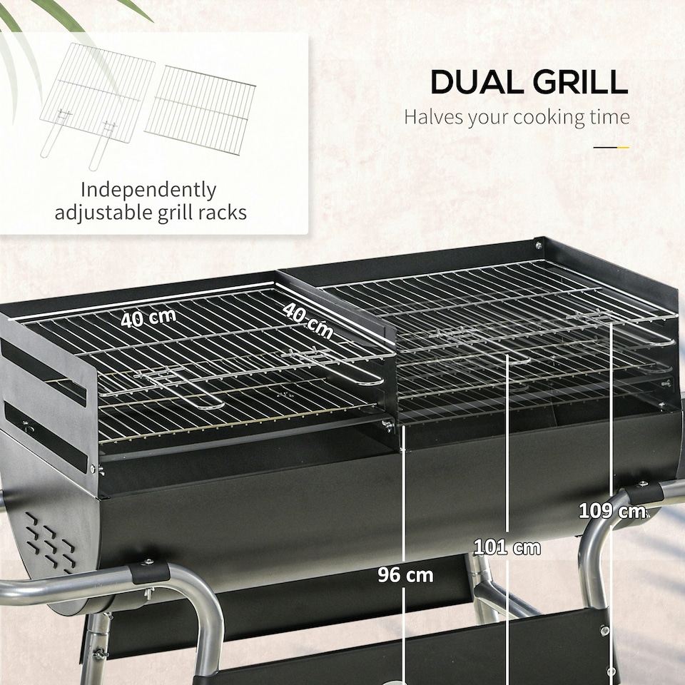 image 1 of Outsunny Charcoal BBQ Grill with Double Grill, Table, Storage Shelf and Wheels