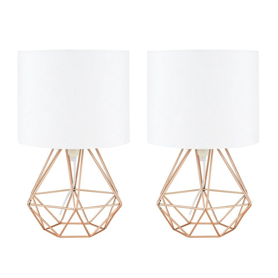image 1 of ValueLights Angus Pair Copper Metal Basket Cage Table Lamps White Shades