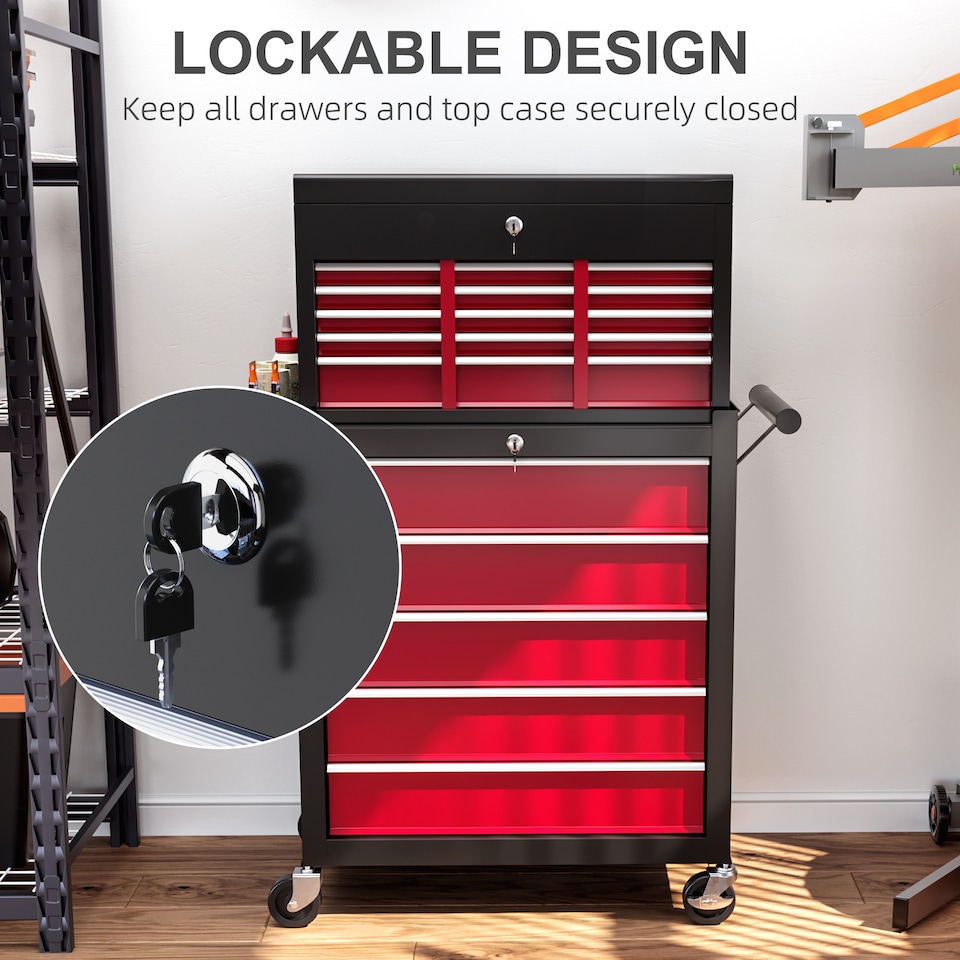 image 1 of HOMCOM Rolling Tool Chest Lockable Roller Cabinet with with 14 Drawers Red