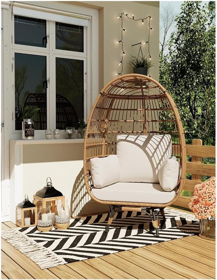 image 1 of London Boutique Oversized Rattan Egg Chair 85x143x95cm - 360° Swivel Patio Lounge Chair with Beige Cushions, All-Weather PE Wicker & 350 lbs Metal Base for Garden & Balcony