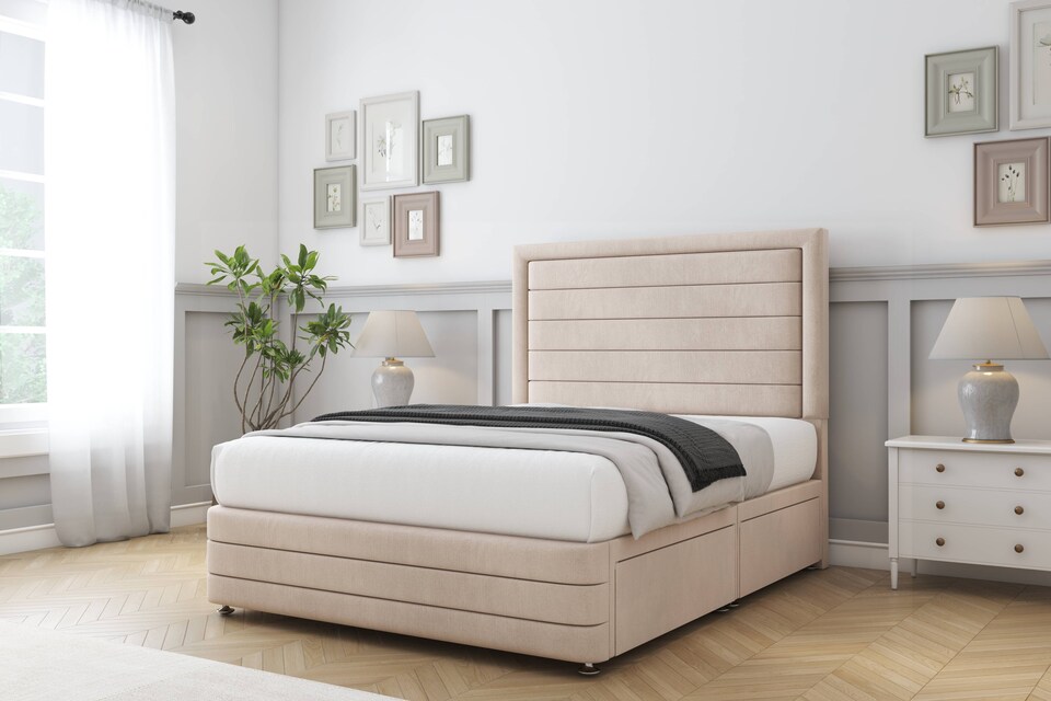 image 1 of Sloomy Ashford Sand Naples Divan Bed Base 2 Drawers Foot-End With 54 Inch Floor Standing Headboard & 12 Inch Matching Footboard | Cream | Sand | Double | 1