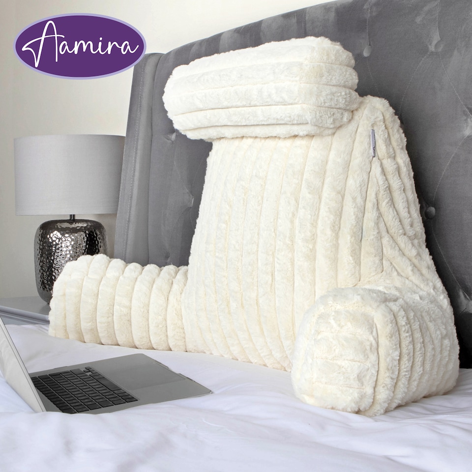 image 1 of Aamira Reading Pillow Cream Faux Fur Ribbed Memory Foam Support Cushion | Cream | Cream | Standard | 1