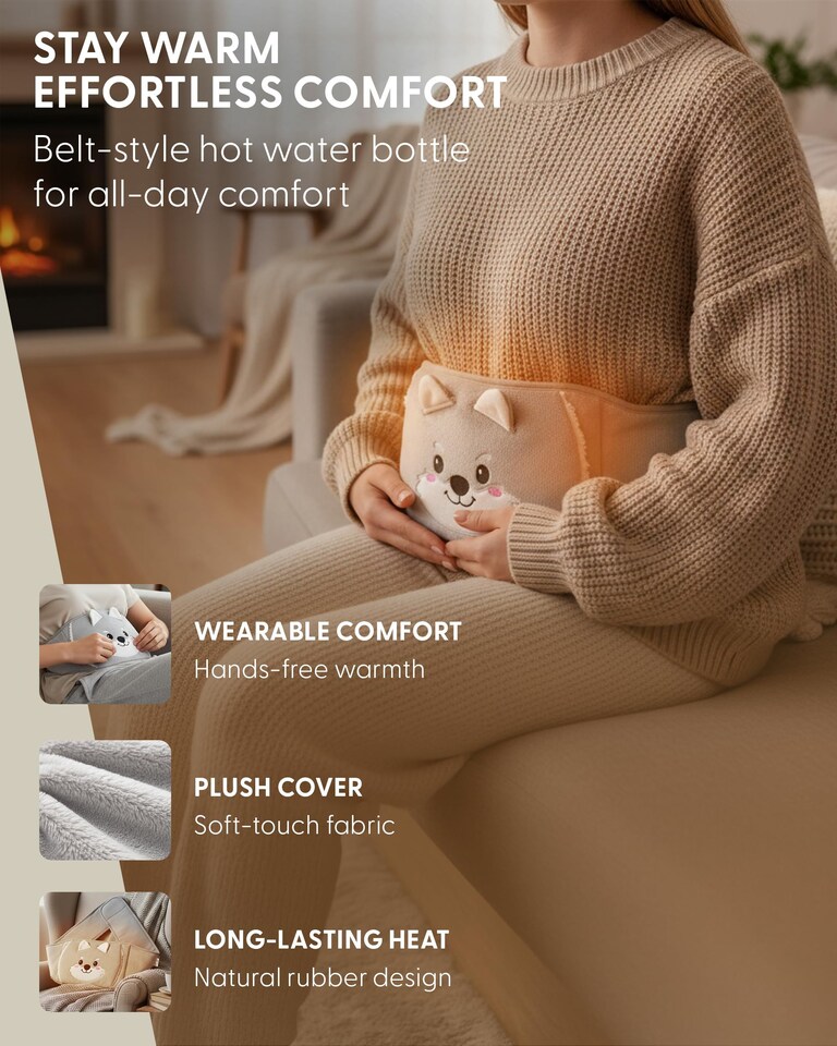 image 1 of Keplin 2L Hot Water Bottle with Plush Waist Belt Cover Natural Rubber