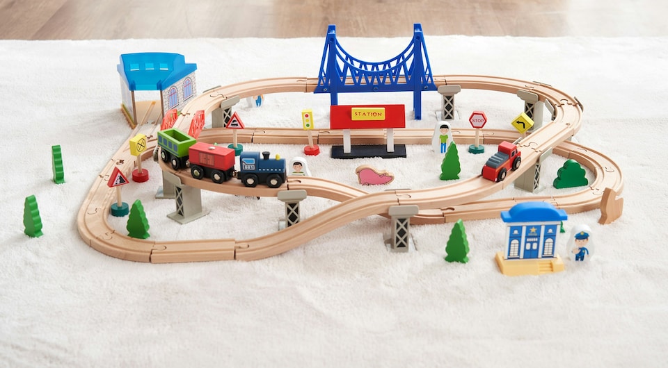 image 1 of Hooga Kids Activity Table Including 80 Piece Wooden Train Playset | Brown