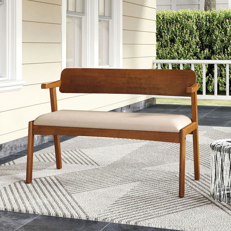 image 1 of COSTWAY 2-Seat Rubber Wood Bench Dining Bench Brown