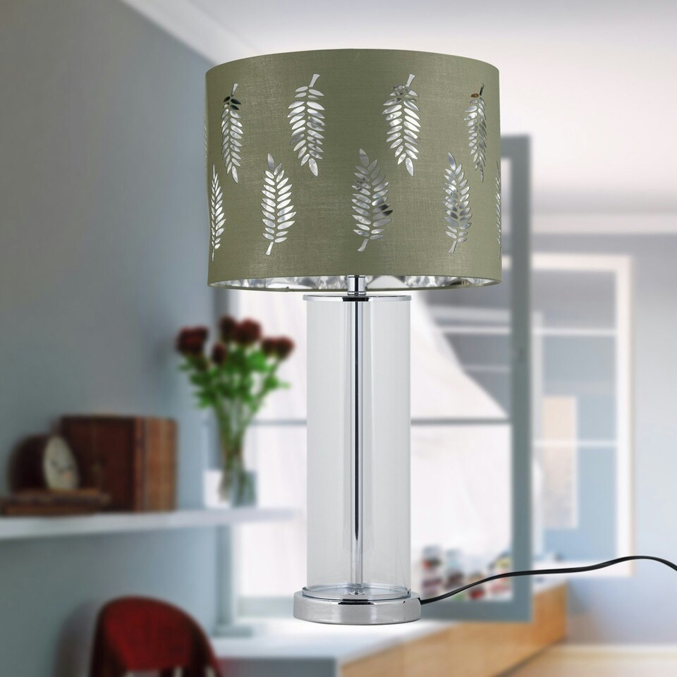 image 1 of Set of 2 Aura - Chrome Table Lamps with Sage Green Fern Shades Chrome | Green