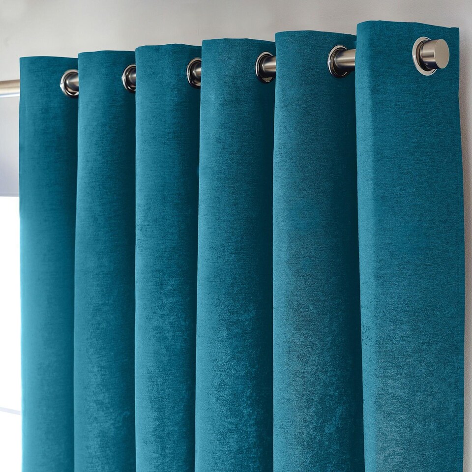 image 1 of Chenille Blackout Ring Top Eyelet Curtains 117cm x 183cm Teal | Blue | Teal | 1