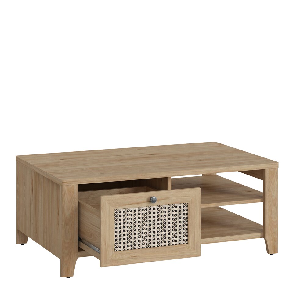 image 1 of Cestino Coffee Table with 1 Drawer in Jackson Hickory Oak and Rattan Effect