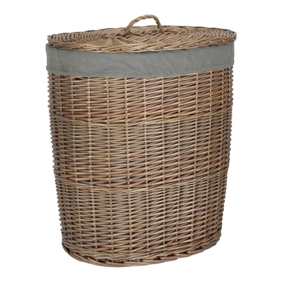 image 1 of Antique Wash Grey Cotton Lined Oval Willow Laundry Basket