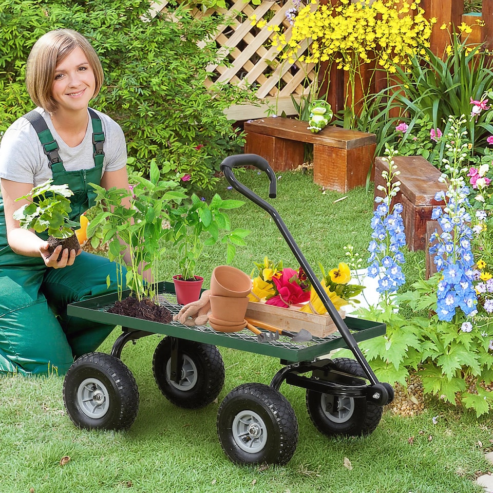 image 1 of Garden Trolley Cart with Pneumatic Wheels and Rotating Handle, Green | Green | Green