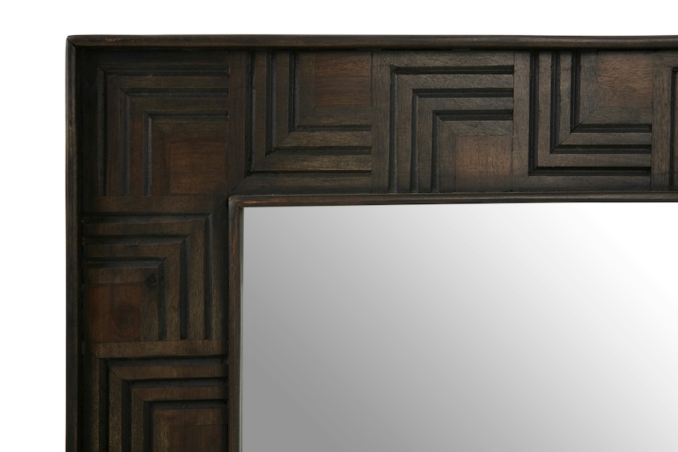 image 1 of Interiors by Premier Boho Square Wall Mirror, Weathered Dark Mango Wood Frame With Carved Detail, Decorative Sustainable Mirror | Brown