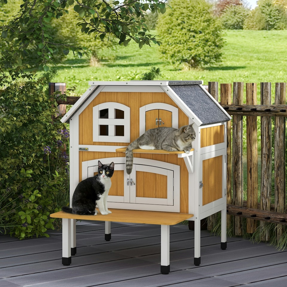 image 1 of PawHut Outdoor Cat House Cat Shelter w/ Openable Asphalt Roof, Escape Doors