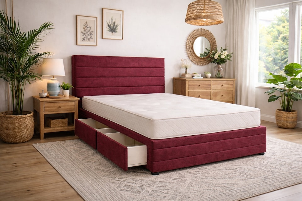 image 1 of Divan Bed Set Headboard and Footboard with Mattress 4ft6 Double Maroon Suede Storage 4 Drawers