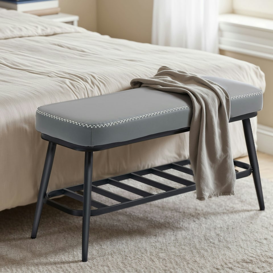 image 1 of HOMCOM Shoe Bench, PU Leather Shoe Storage Bench for Entryway, Grey Grey | Black