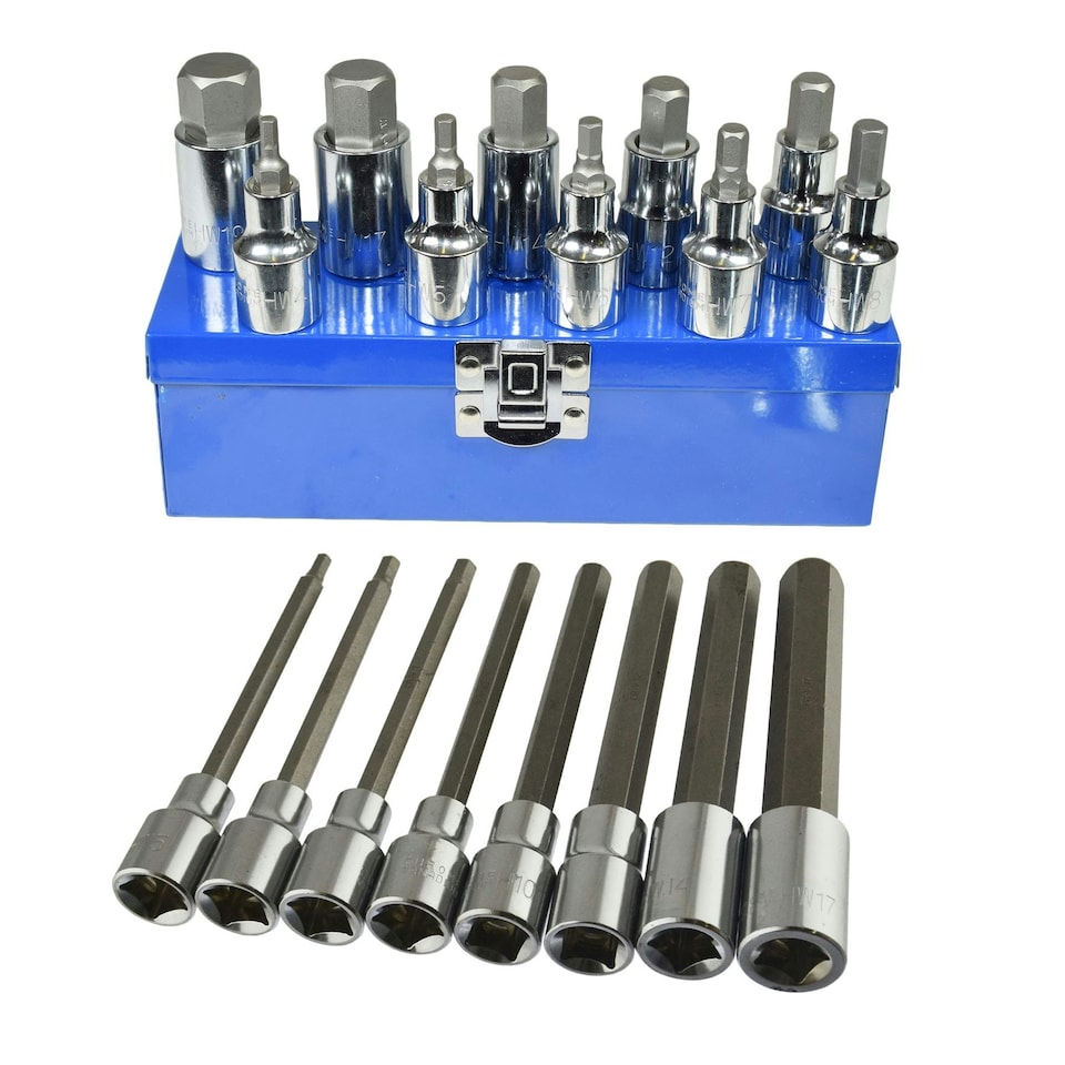 image 1 of Shallow And Deep 1/2" Allen Hex Key Sockets Metric Sizes 4mm - 19mm 18pc