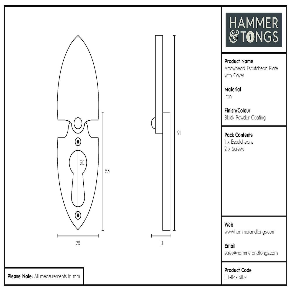 image 1 of Hammer & Tongs Arrowhead Escutcheon Plate with Cover - W30mm x H55mm - Black