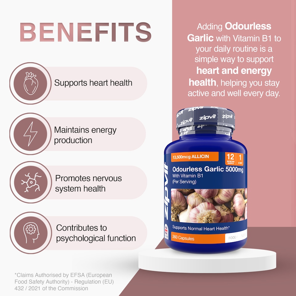 image 1 of Zipvit Odourless Garlic 5000mg with Vitamin B1, Heart & Energy Support, 360 Capsules, 12-Month Supply