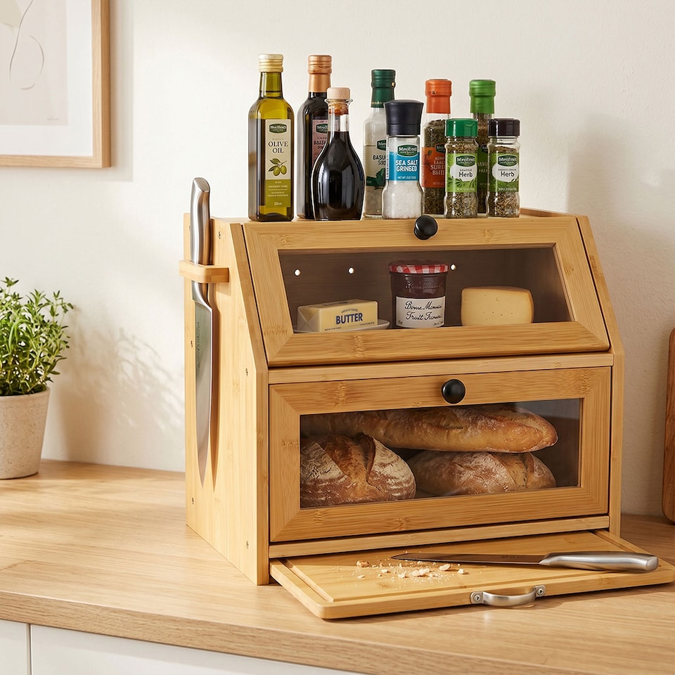 image 1 of TOQUE 33L Bamboo Bread Bin with Cutting Board, Bread Storage Box, Natural