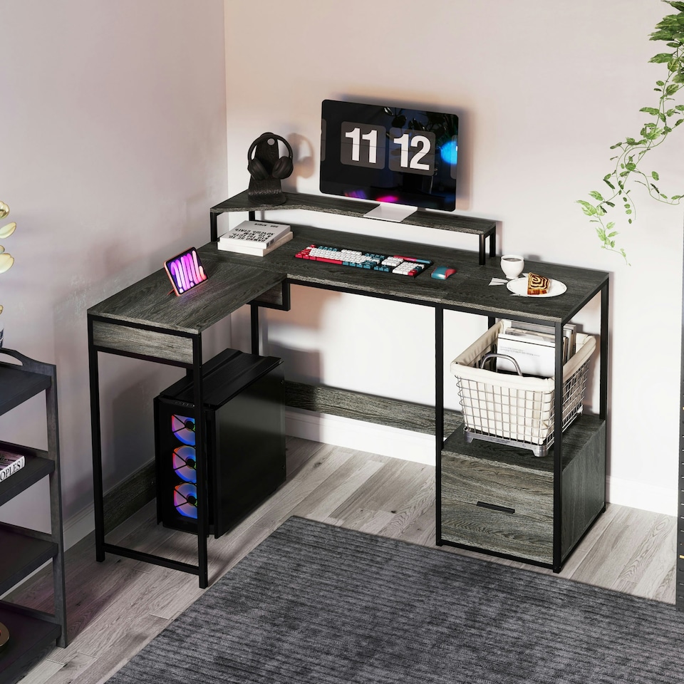 image 1 of HOMCOM L Shaped Desk, Computer Table with Liftable Desktop, Charcoal Grey Grey | Charcoal Grey