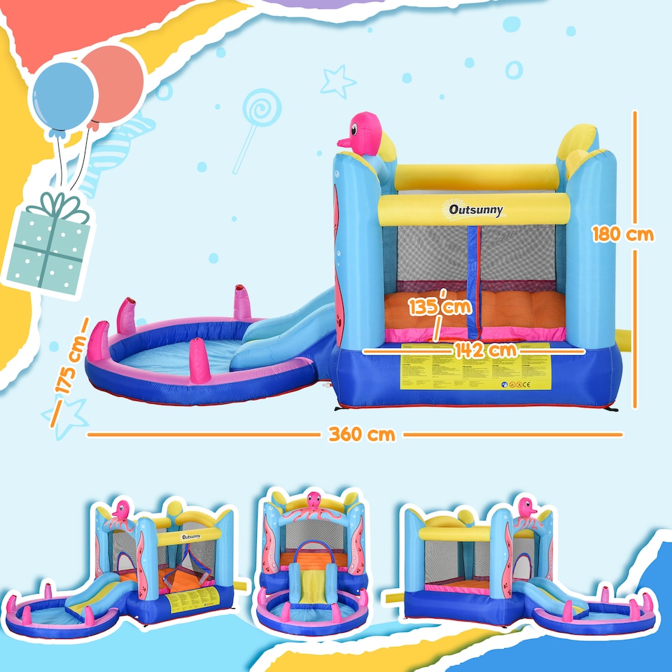 image 1 of Outsunny Bouncy Castle w/ Slide Water Pool Trampoline, Blower 3.6 x 1.75 x 1.8m